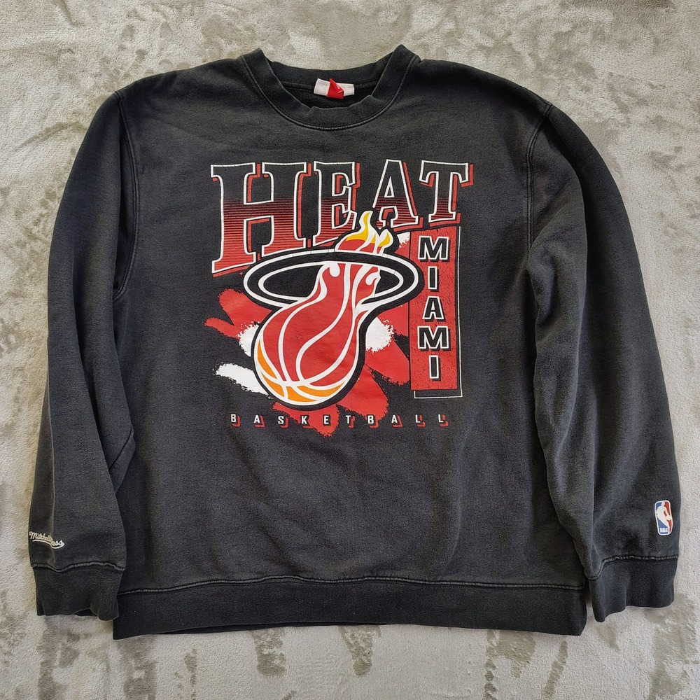 Mitchell‎ Ness Miami Heat Basketball Crewneck Sweatshirt Mens 2XL Black Vintage
